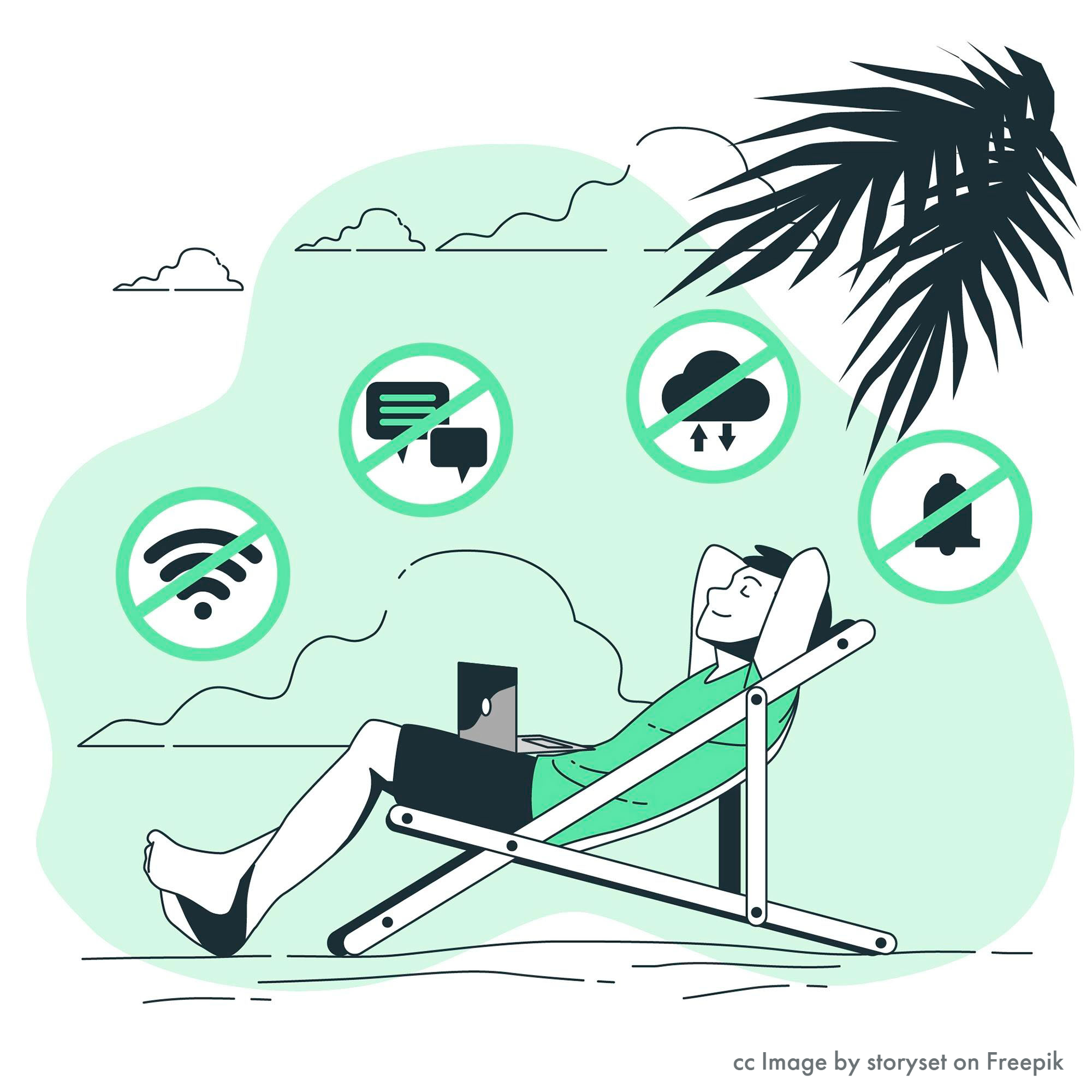 Mann in Liegestuhl unter Palmen, über ihn sind durchgestrichene Symbole für W-Lan, Upload, Nachricht, Benachrichtigung