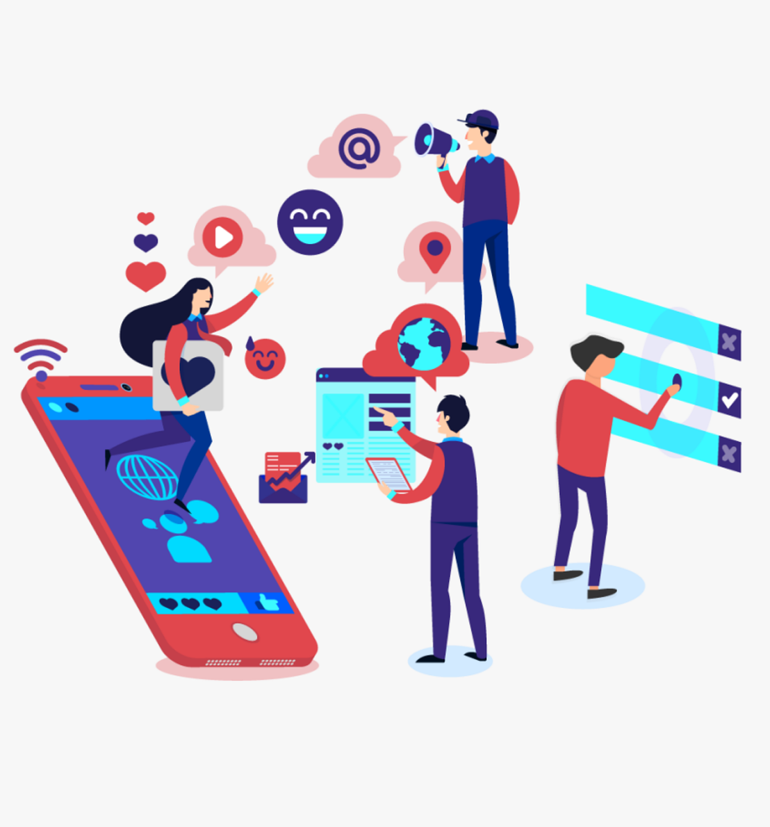 Bunte Zeichungen von Menschen die aus einem Handy klettern viele Netzsymbole, Emojys und Leisten anklicken