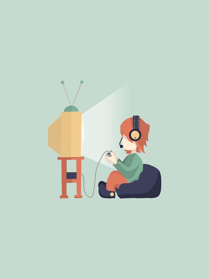 Gezeichnete Person sitzt in einem Sitzsack vor einem Fernseher mit Controllern in der Hand und Kopfhörer auf