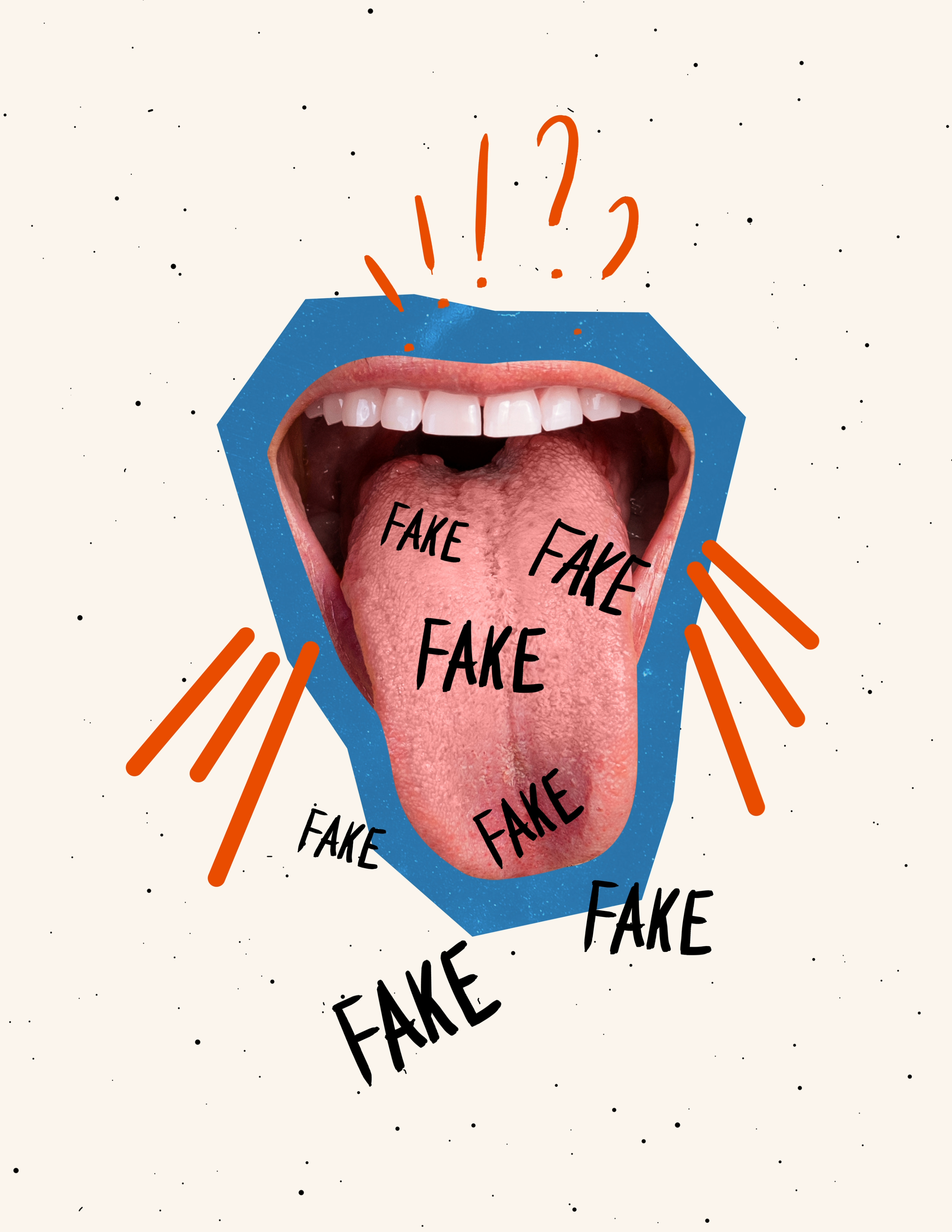 Mund mit herausgestreckter Zunge aus der mehrmals das Wort fake herauskommt