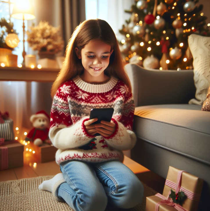 Kind mit einem Smartphone in der Hand im Hintergrund ein Weihnachtsbaum (KI)