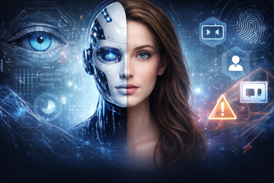 Geteiltes Porträt eines Gesichts: links eine künstliche, robotische Hälfte mit digitalen Strukturen und einem blauen Auge, rechts eine menschliche Hälfte. Im Hintergrund schweben Symbole für Medien, Nutzerprofile und eine Warnmeldung, die auf Risiken digitaler Inhalte hinweisen.