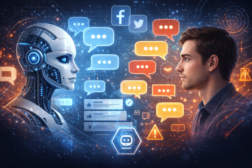 Ein humanoider Roboter und ein menschlicher Mann stehen sich gegenüber und scheinen miteinander zu kommunizieren. Zwischen ihnen schweben farbige Sprechblasen sowie Symbole sozialer Netzwerke und Warnhinweise, die digitale Diskussionen und mögliche Risiken darstellen.