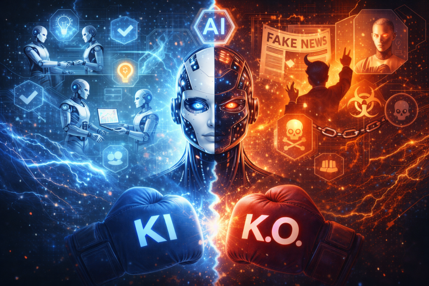 Zentral dargestellter humanoider KI-Kopf, links in blauen Farbtönen mit Symbolen für Zusammenarbeit, Lernen und Kreativität, rechts in orange-roten Farbtönen mit Symbolen für Fake News, Manipulation und Gefahren. Im Vordergrund stehen zwei Boxhandschuhe mit der Aufschrift „KI“ und „K.O.“, die sich gegenüberstehen.